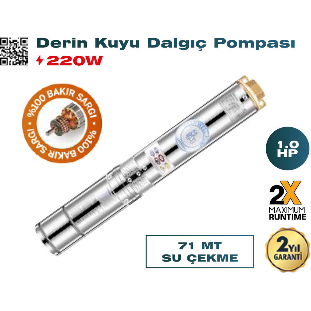 (238)-(TRİCRAFT) DERİN KUYU DALGIÇ POMPASI (1 HP 71 MT.) (220 W)