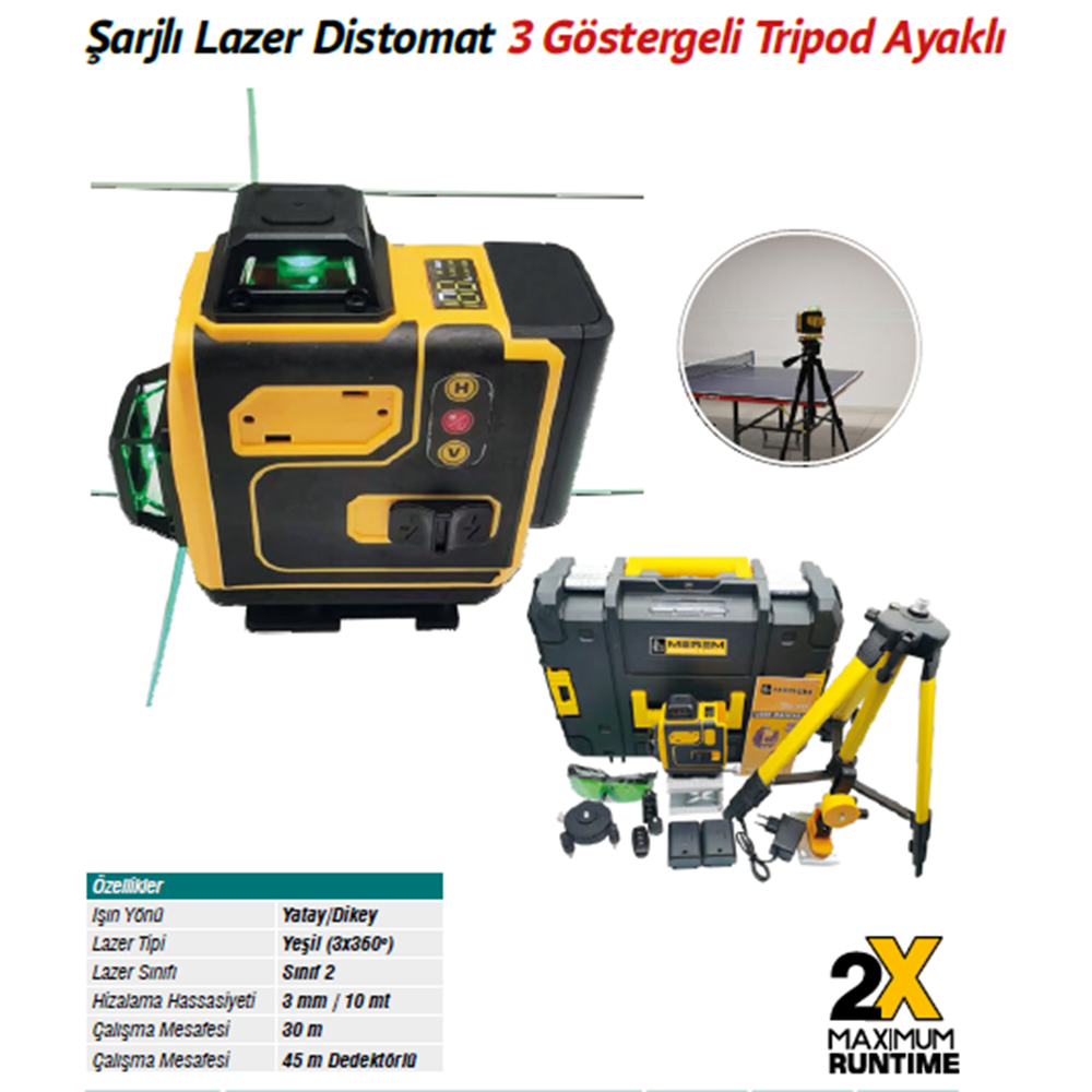 ŞARJLI LAZER METRE DİSTOMAT 3 GÖSTERGELİ (6305)