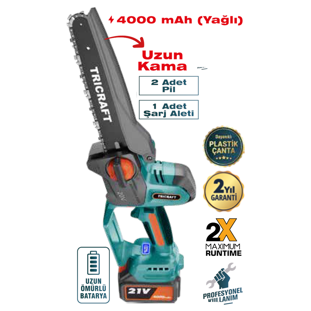 (7200)-(TRİCRAFT) MİNİ AKÜLÜ ZİNCİRLİ TESTERE (20 CM) 21 V 4.0 AMP