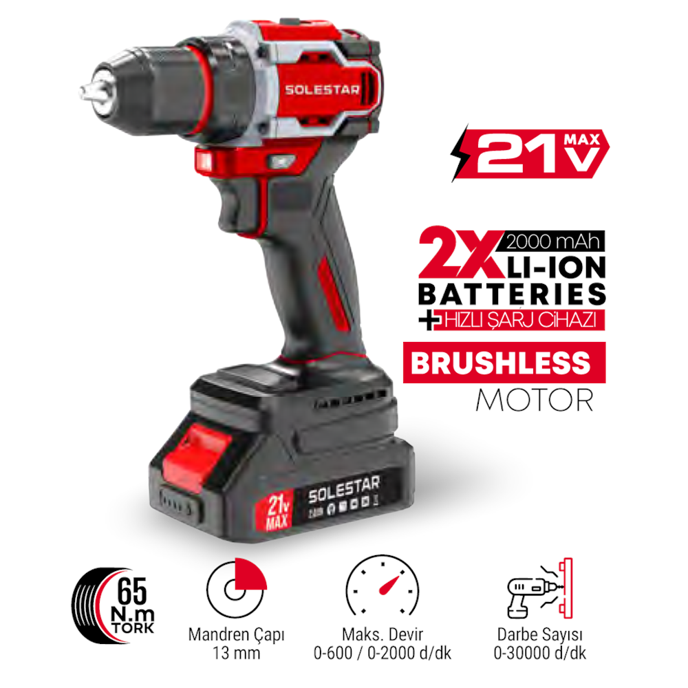 (STR1933)(SOLESTAR) AKÜLÜ DARBELİ MATKAP 13 MM (21 V/65 N)