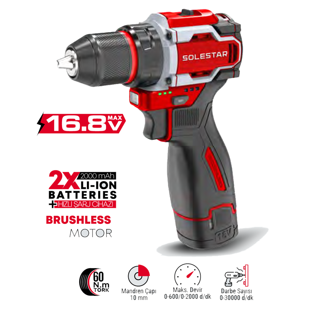 (STR1961)(SOLESTAR) AKÜLÜ DARBELİ MATKAP 10 MM (16.8 V/60 N)