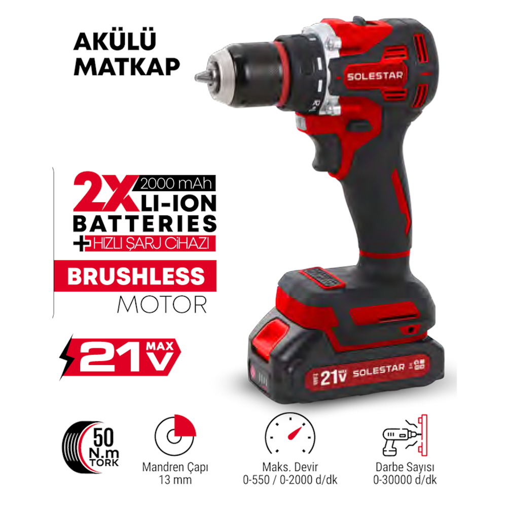 (STR1962)(SOLESTAR) AKÜLÜ MATKAP 13 MM (21 V/50 N)