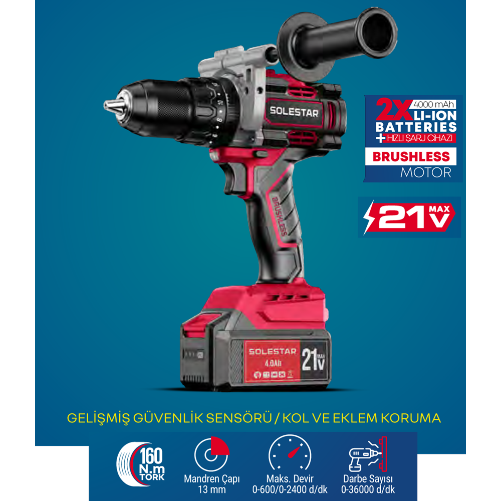 (STR1978)(SOLESTAR) AKÜLÜ DARBELİ MATKAP 13 MM (21 V/160 N)