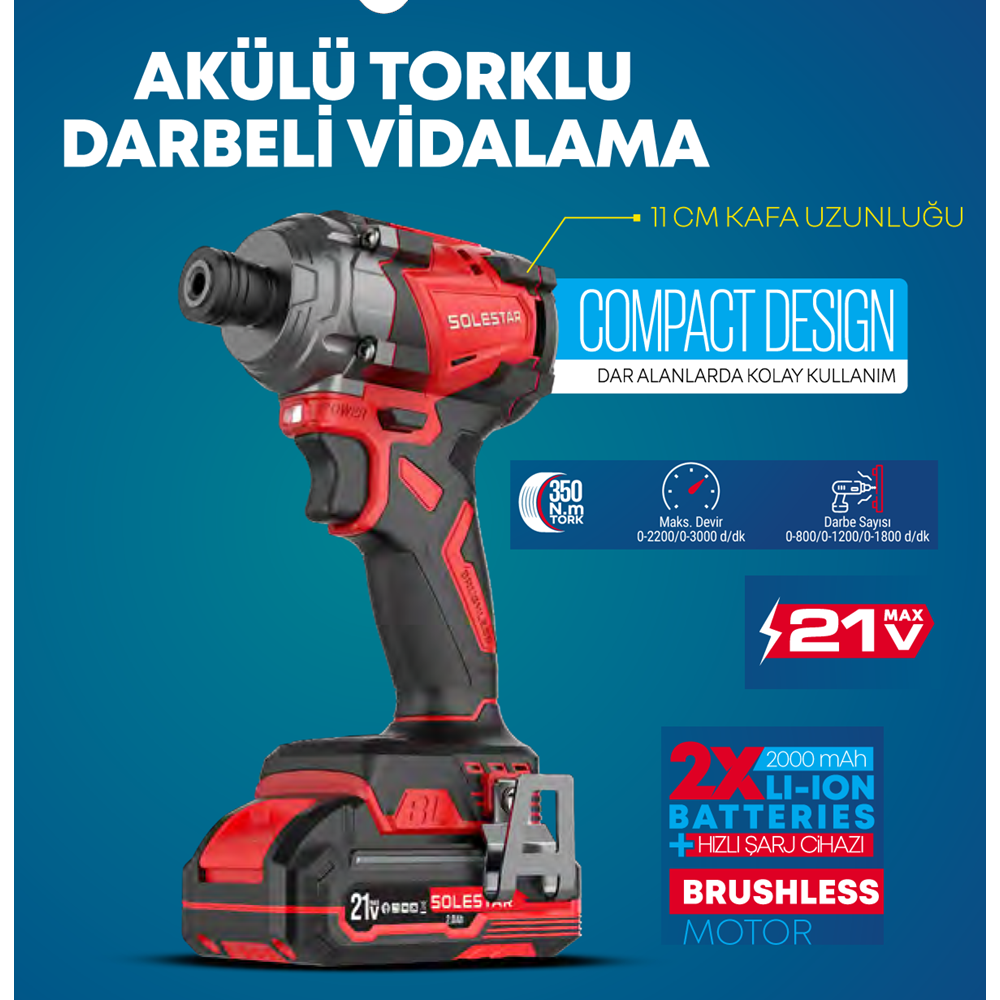 (STR1986)(SOLESTAR) AKÜLÜ TORKLU DARBELİ VİDALAMA 350 N (11 CM-21V)
