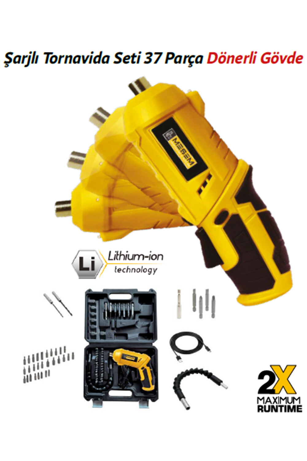 37 PARÇA ŞARJLI TORNAVİDA SETİ DÖNERLİ GÖVDE