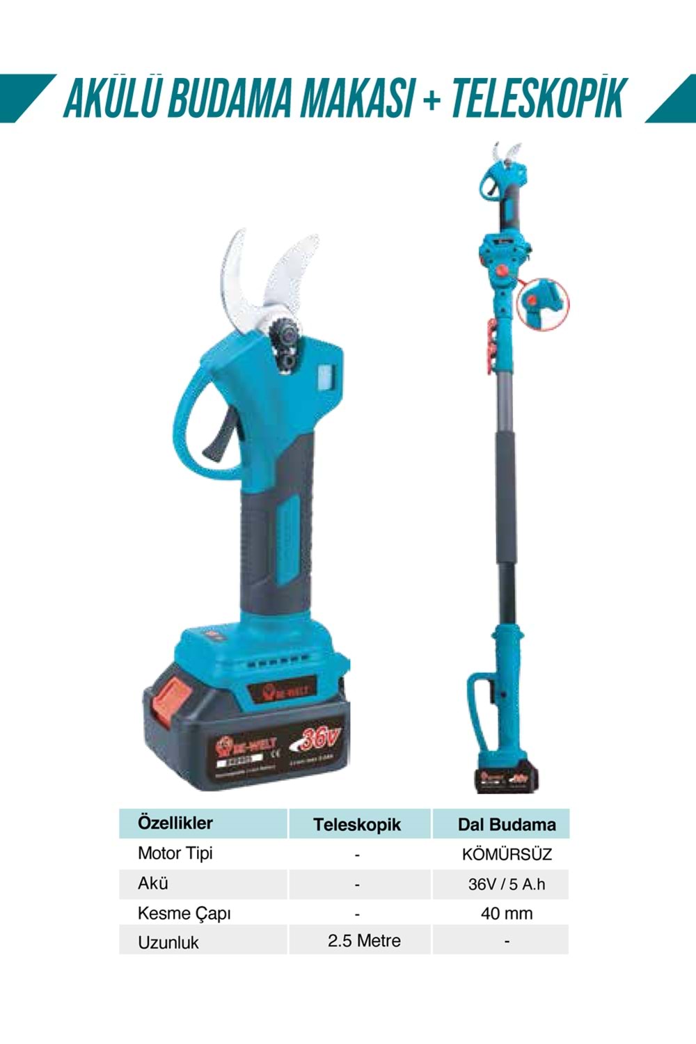 AKÜLÜ BUDAMA MAKASI+TELESKOPİK (2.5 MT.)(BHD933)-(BE-WELT)