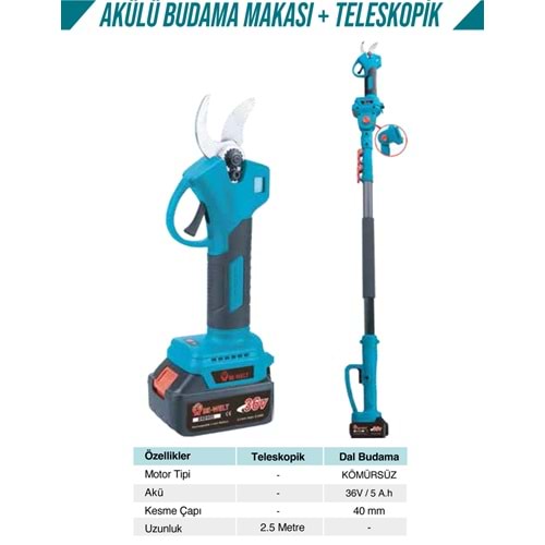 AKÜLÜ BUDAMA MAKASI+TELESKOPİK (2.5 MT.)(BHD933)-(BE-WELT)