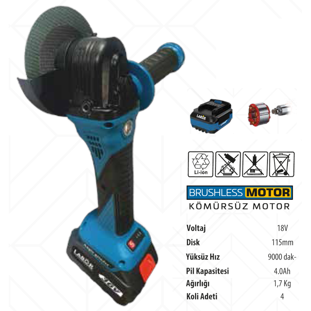 (BX8010)(LABOR) AKÜLÜ AVUÇ TAŞLAMA (115MM)(18 W 4A)